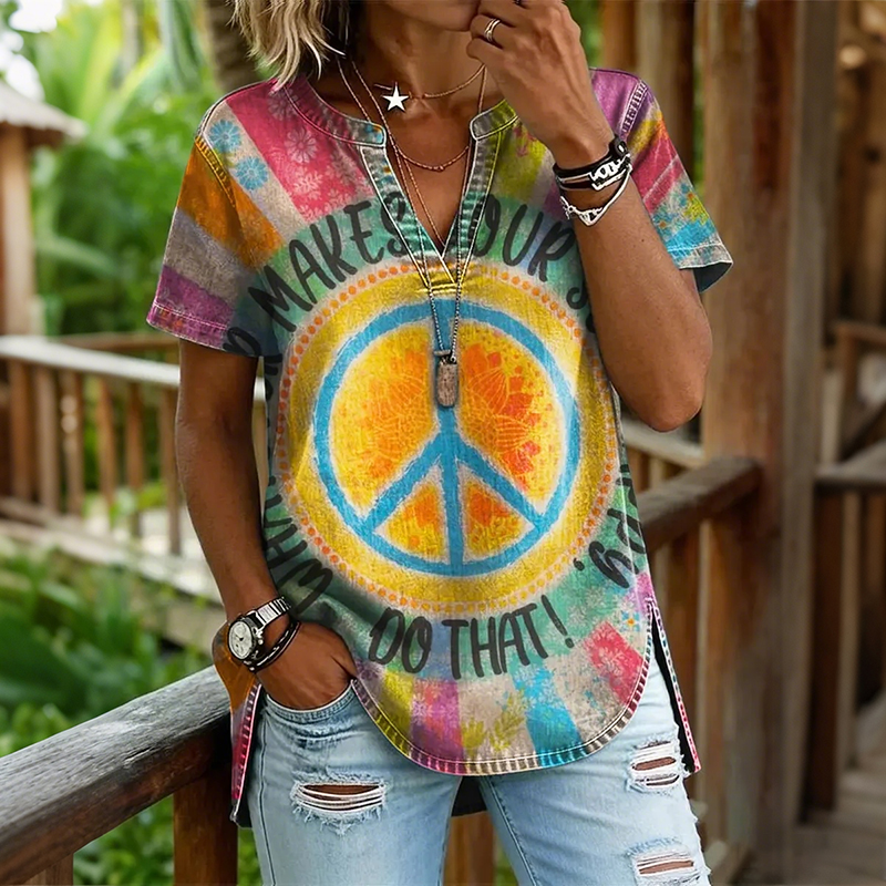 Comstylish Women's Retro Rainbow Hippie Peace Pattern V-neck Short Sleeve Blouses