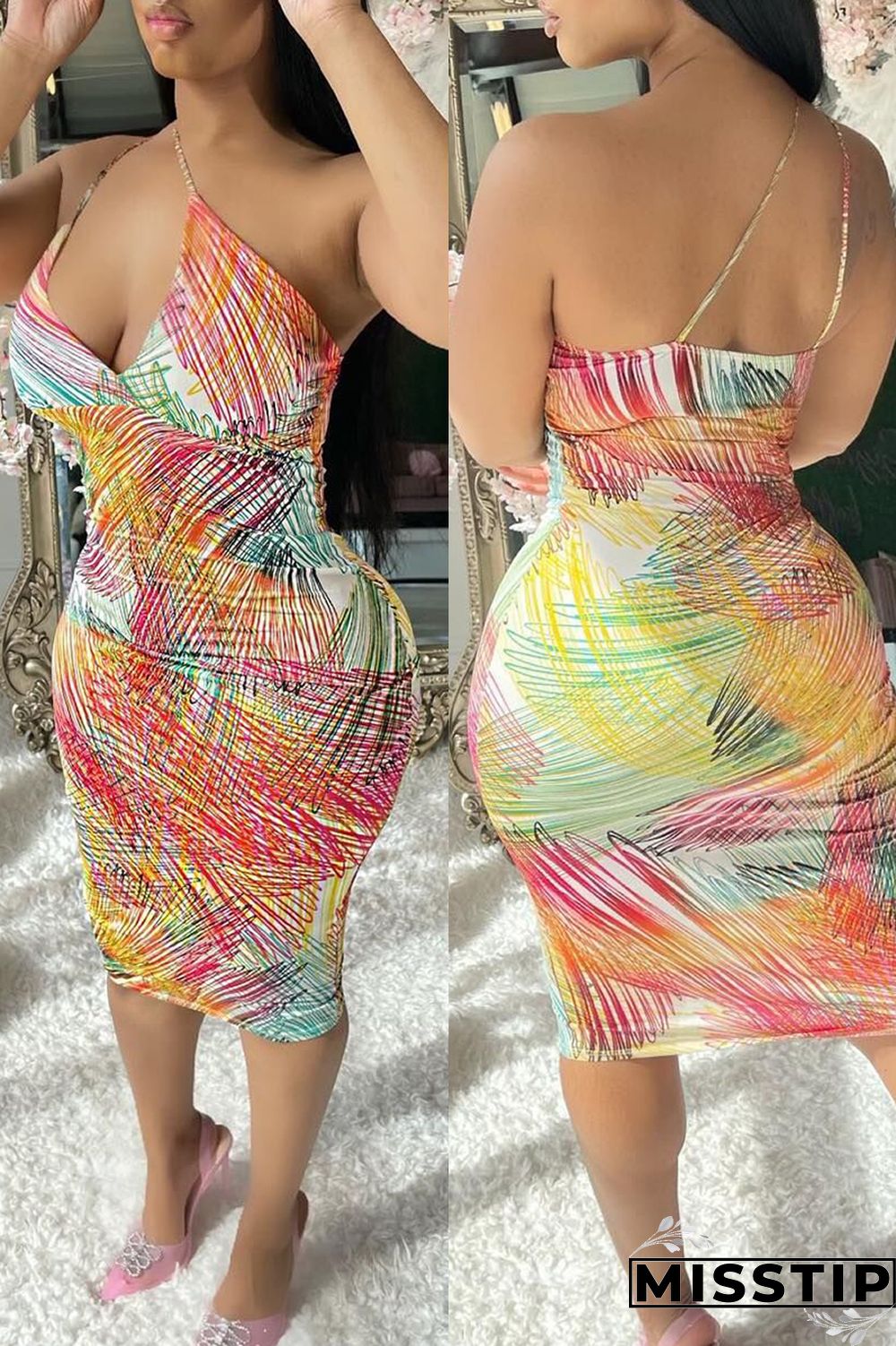 Multicolor Sexy Print Backless Spaghetti Strap Sleeveless Dress Dresses