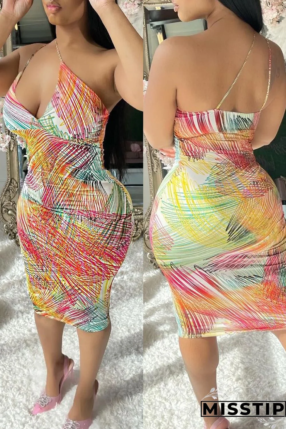 Multicolor Sexy Print Backless Spaghetti Strap Sleeveless Dress Dresses