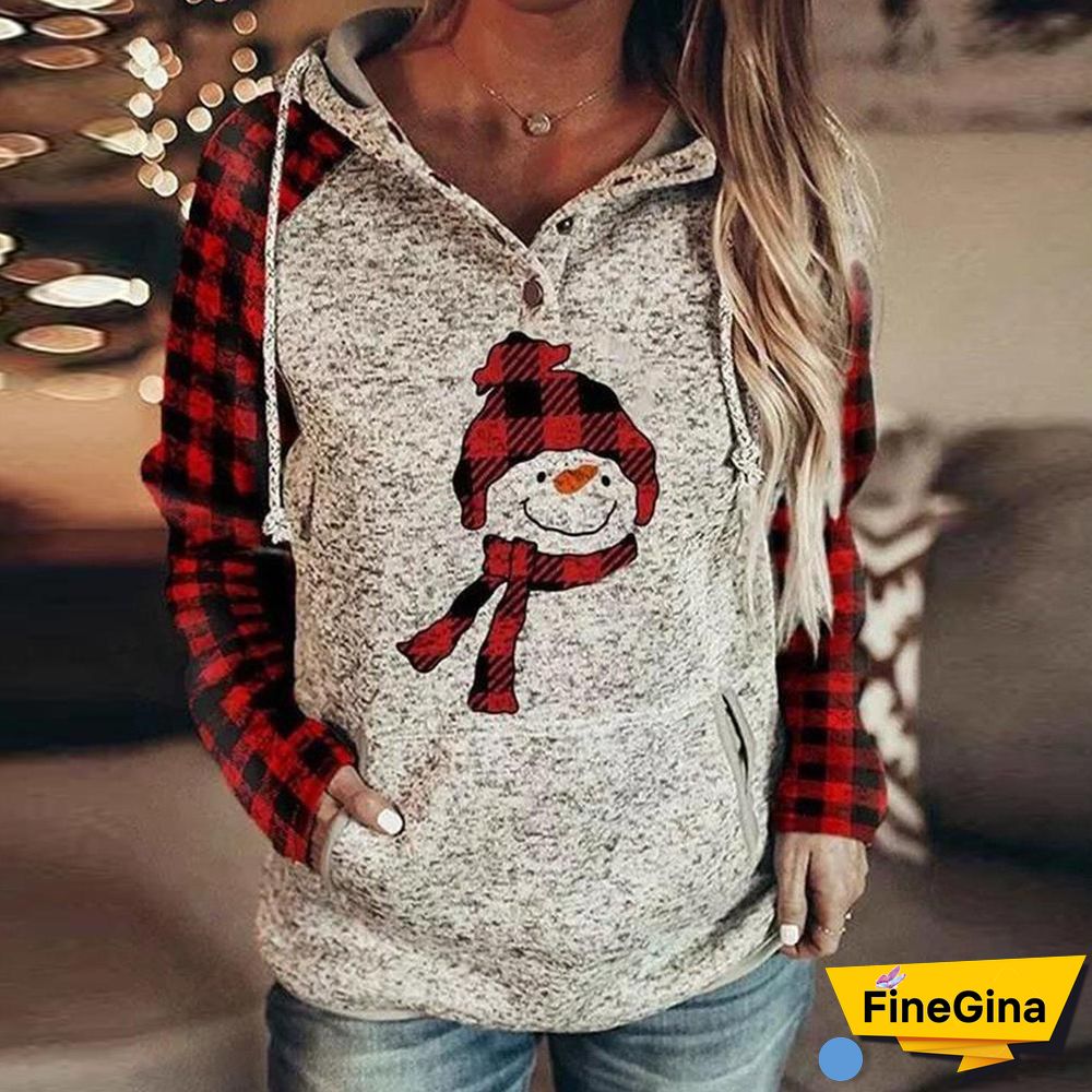 Red and Black Plaid Snowman Buttoned Long Sleeve Sweatshirt