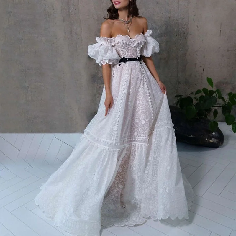 Ordifree 2022 Summer Women Maxi Evening Dress Off Shoulder Embroidery White Lace Sexy Long Party Dress