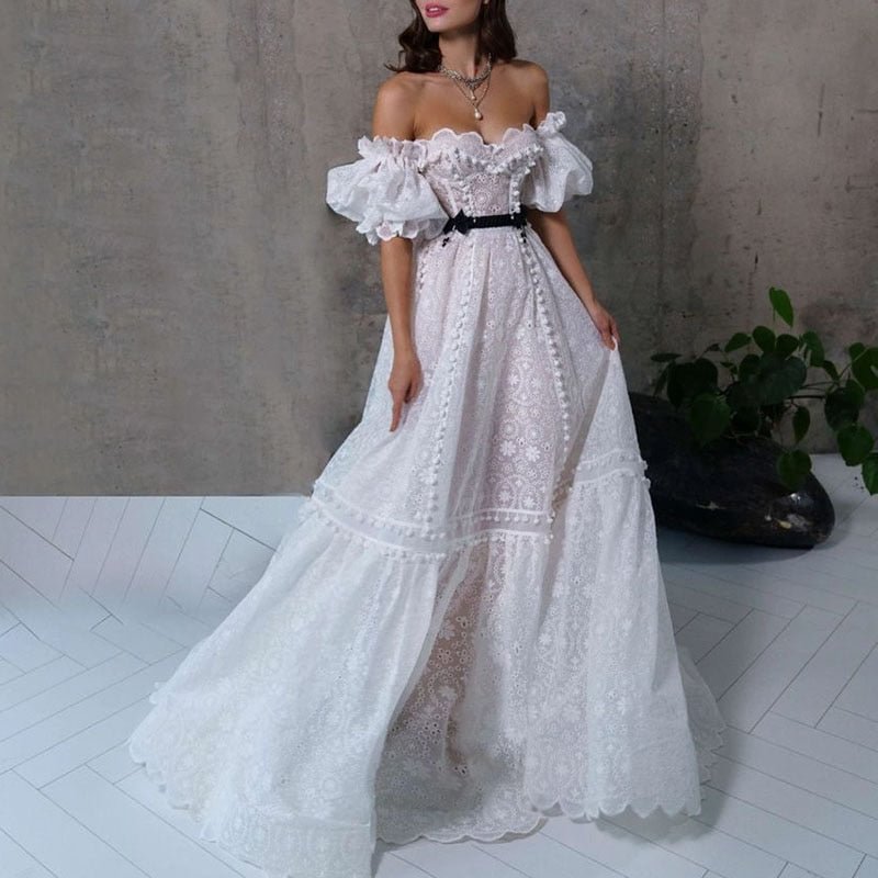 Ordifree 2022 Summer Women Maxi Evening Dress Off Shoulder Embroidery White Lace Sexy Long Party Dress