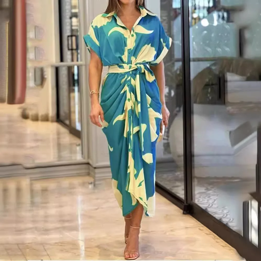 Nigikala Nigikala Summer Single Buckle Long Shirt Women's Printed Short-Sleeved Dress