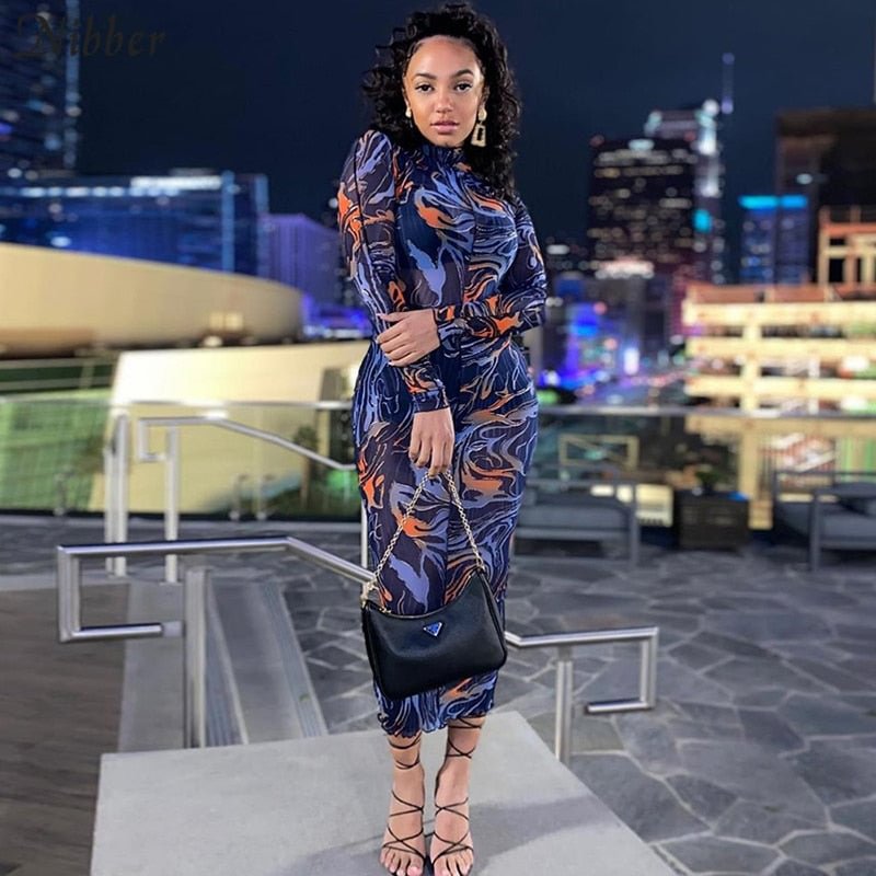 Nibber Vintage Leopard Pattern Multicolor Midi Dress Women Autumn Bodycon Ruffle Mesh High Streetwear Sexy See Through Clubwear
