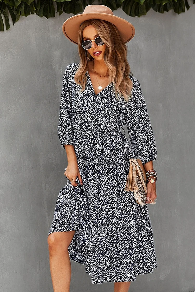 Luditu Midi Dress, Autumn Dress, Olive Tiger in Navy