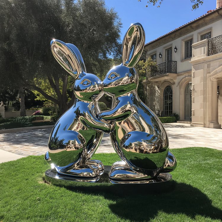 "Loving Hares" Modern Stainless Steel Sculpture for Luxury Gardens & Contemporary Spaces