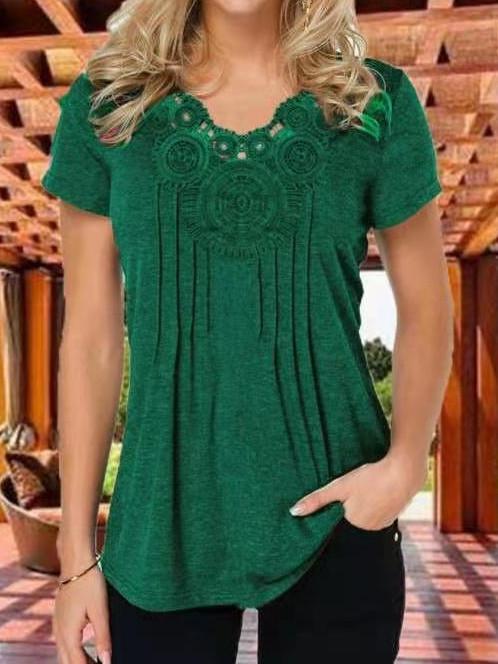 Women Short Sleeve U-neck Lace Top