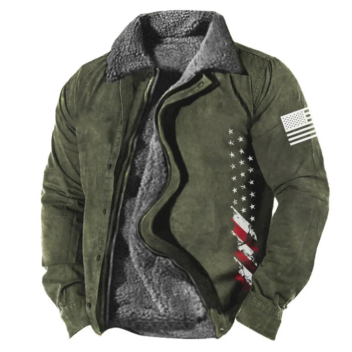 Mens Vintage American Flag Print Sherpa-Lined Jacket Thicken Fake Two Pieces Jacket