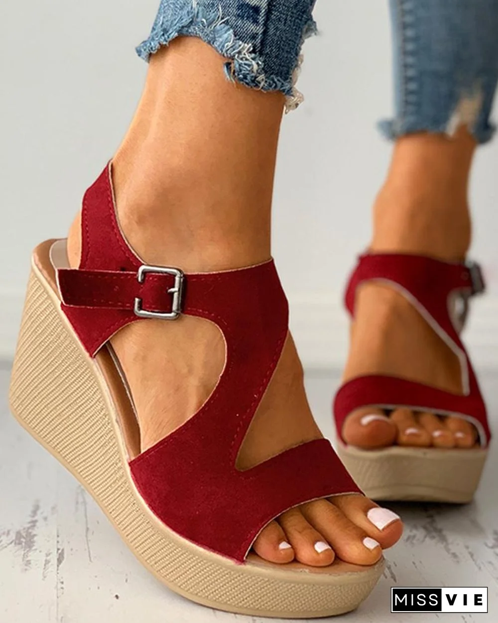 Suede Cutout Peep Toe Buckled Wedge Sandals