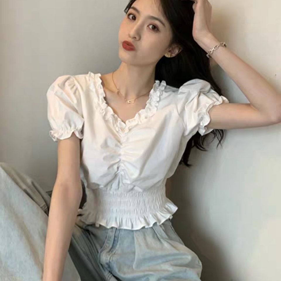 Gamezelite Ruffles Hotsweet Camisas Puff Sleeve White Folds Shirts V Neck Ruched Japanese Y2k Slim Fit High Waist Women Chemises Femme