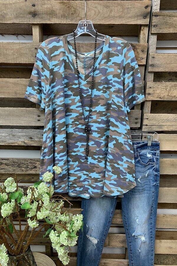 Curved Hem Camouflage Print T-shirt-Mayoulove