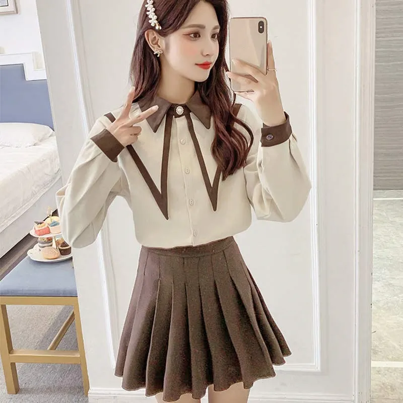 Lapel Shirt Pleated Skirt Two Piece Set