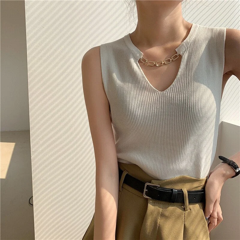 Women Summer V-Neck Knit Slim Tank Top Female Solid Casual Sleeveless Camisole Crop Top Streetwear