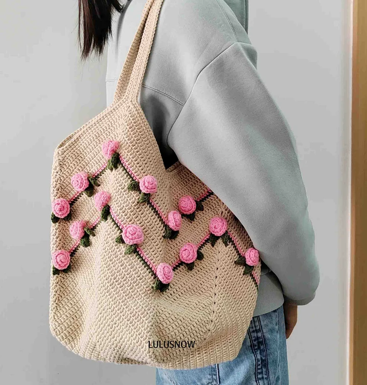 Lulusnow Handmade Pink Mini Flora Casual Travel Beach Crochet Tote Bag Shoulder Bag  Gift Christmas/Valentine's/Easter