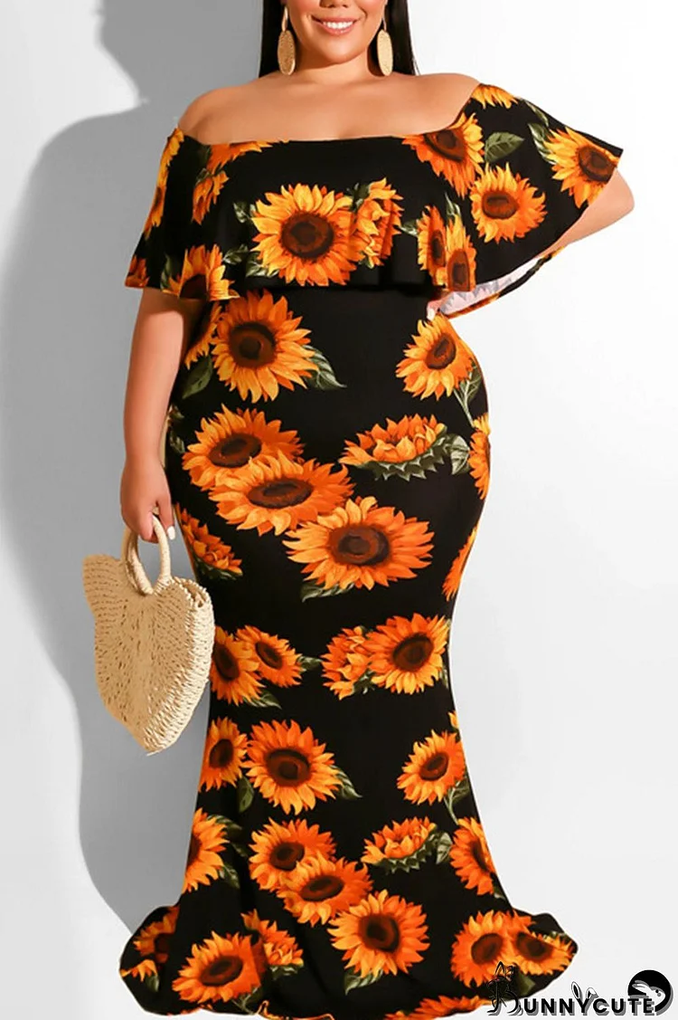 Black Sexy Print Patchwork Flounce Off the Shoulder One Step Skirt Plus Size Dresses