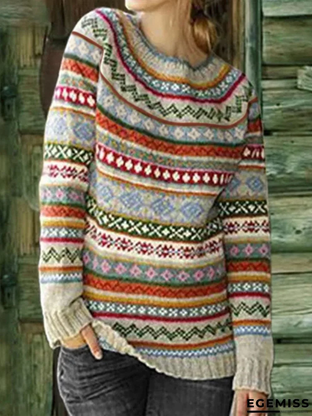 Color-Block Crew Neck Long Sleeve Geometric Sweater | EGEMISS