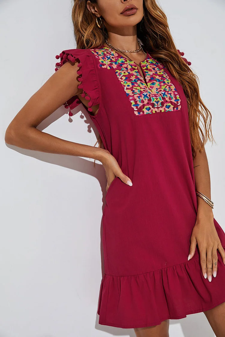 Women's Tribal Dress Graphic Embroidered Ruffle Hem Dress
