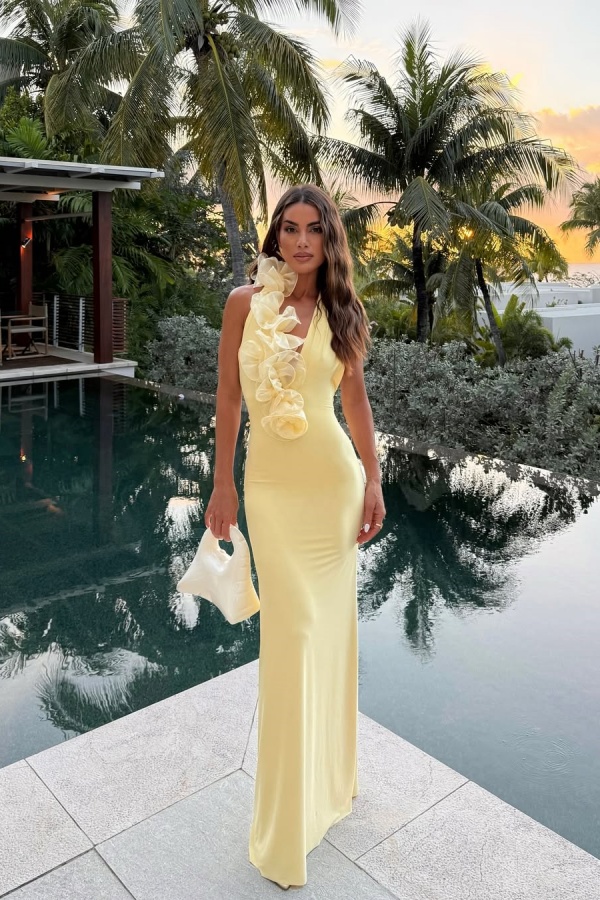 Halter Backless Light Yellow Slim Fit Flower Prom Dress | ZT0689