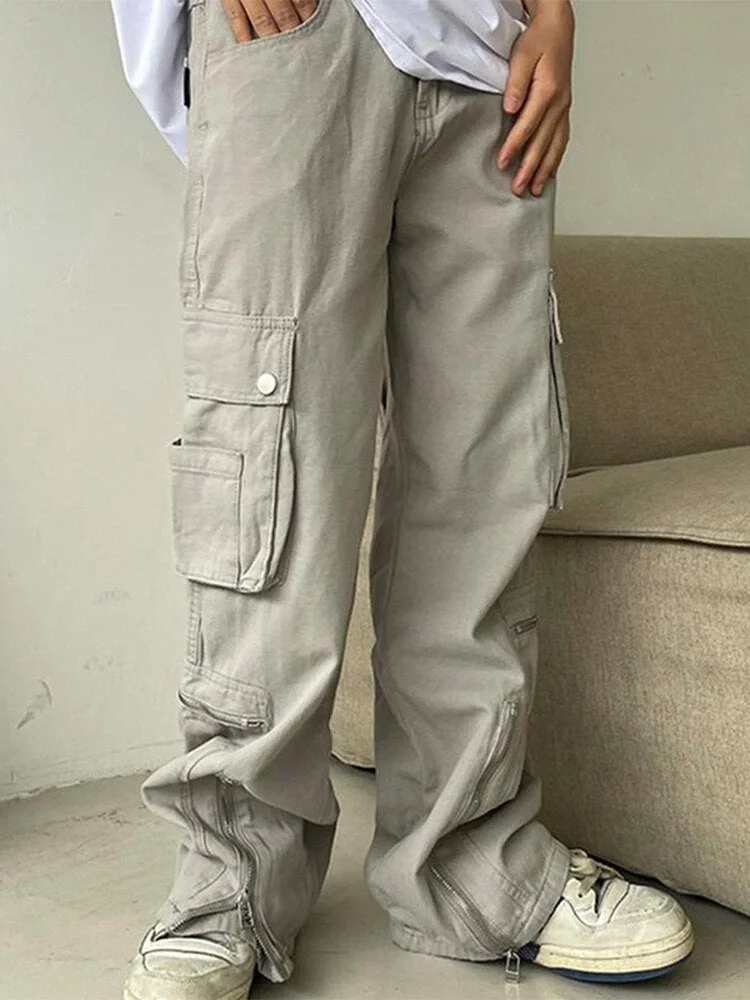 Vstacam 2022 Baggy Straight Jeans Women Zipper Split Cargo Pant Multi Pocket Denim Pants Fashion Button Long Trouser New Y2k