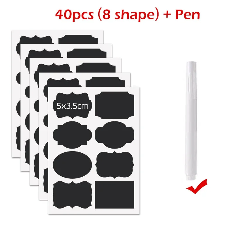 40Pcs/Set 5x3.5cm Organizer Stickers Chalkboard Spice Stickers Bottles Tags Kitchen Labels Stickers for Jar Erasable Marker Pen