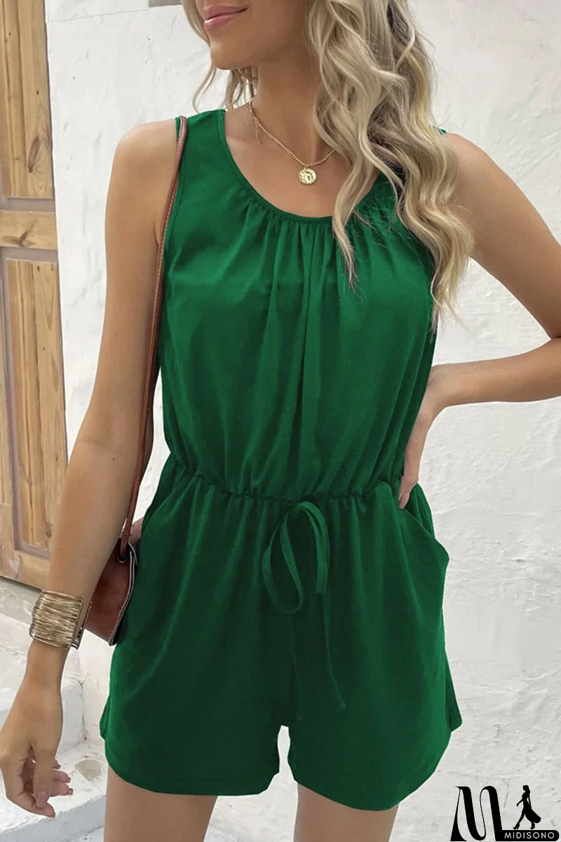 MidiSono - Casual Simplicity Solid Draw String Pocket O Neck Rompers