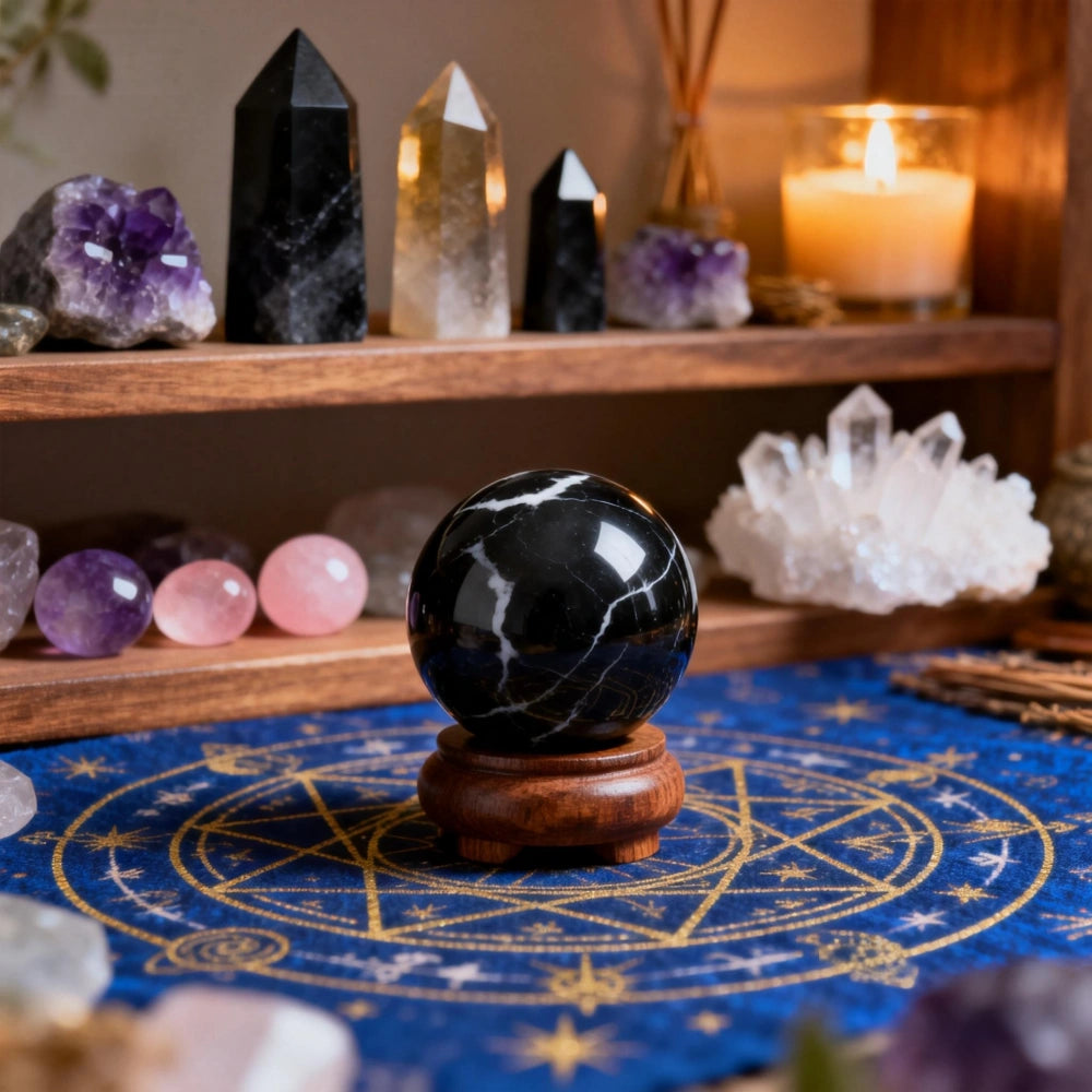 Black onyx sphere styled in living room