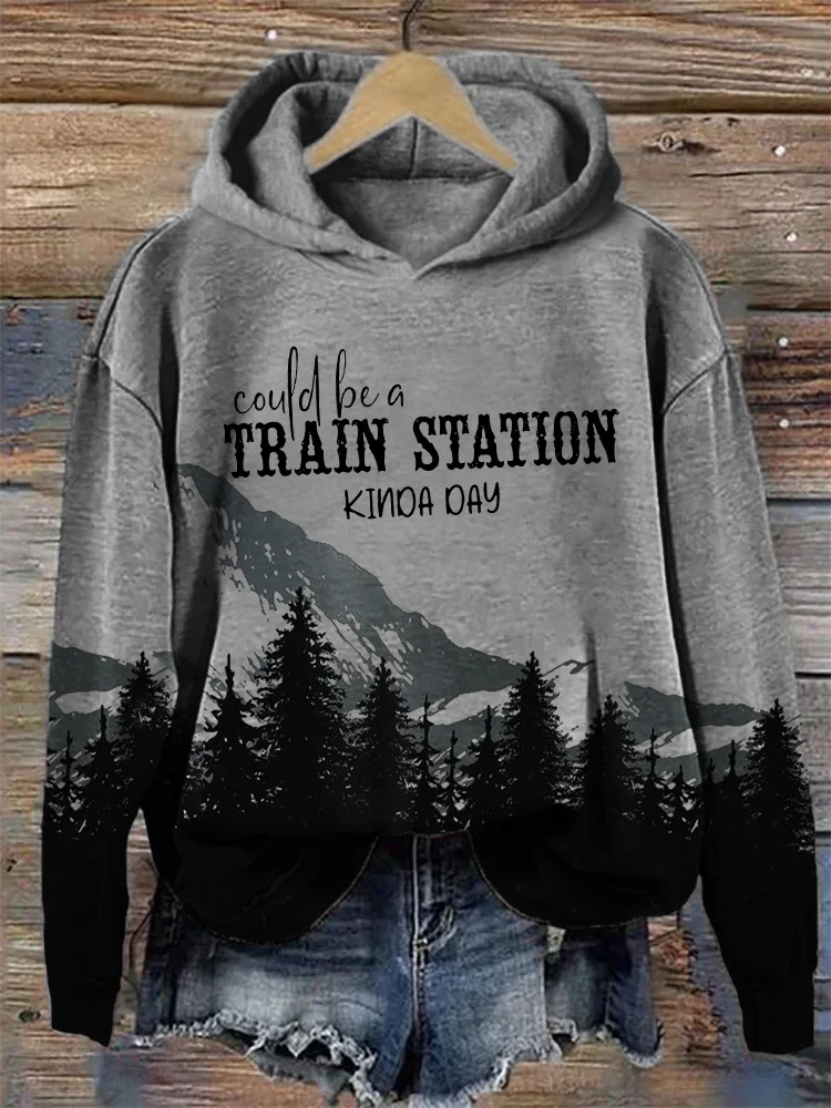 Western Train Station Mountains Landscape Cozy Hoodie