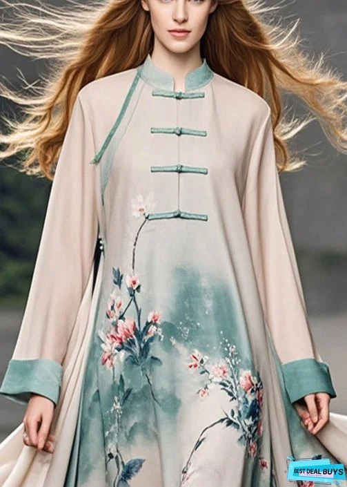 Vintage Apricot Print Chinese Button Chiffon Dress Fall