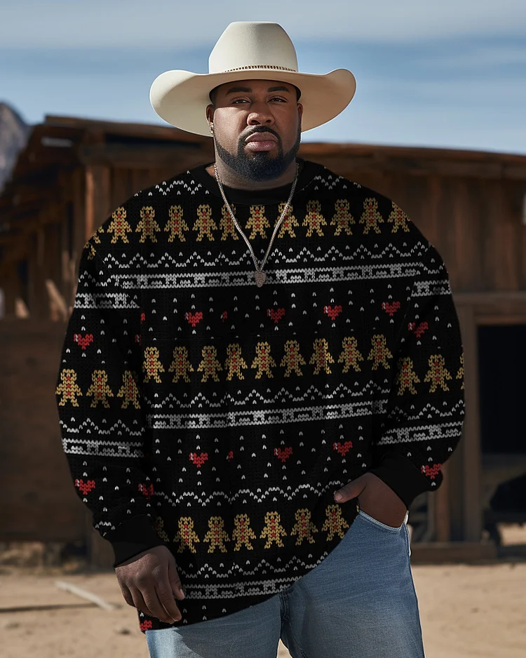 Men's Plus Size Western Ethnic Style Gingerbread Man Jacquard Long Sleeve Sweatshirt