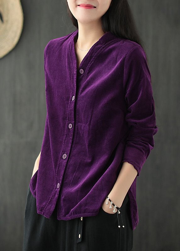 Vintage Purple V Neck Solid Color Button Corduroy Shirt Tops Long Sleeve