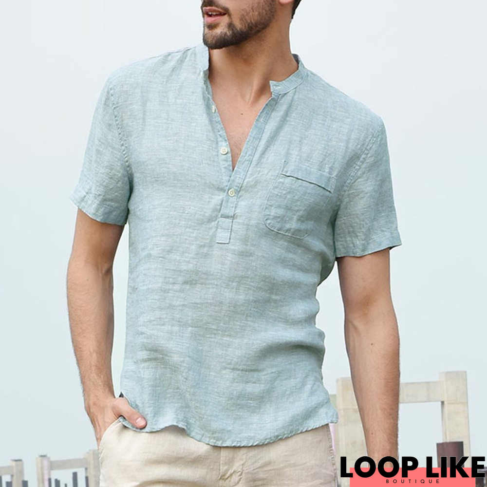 Men's Shirts Stand Collar Short Sleeve Button Casual Tops Linen