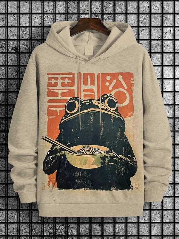 Men's Retro Frog Eating Ramen Print Casual Hoodie