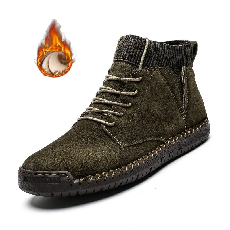 Nine o'clock 2020 Quality Winter Men's Leather Boots Outdoor Comfortable Elastic Sock Male Shoes Casual High-Top Lace-up Boots