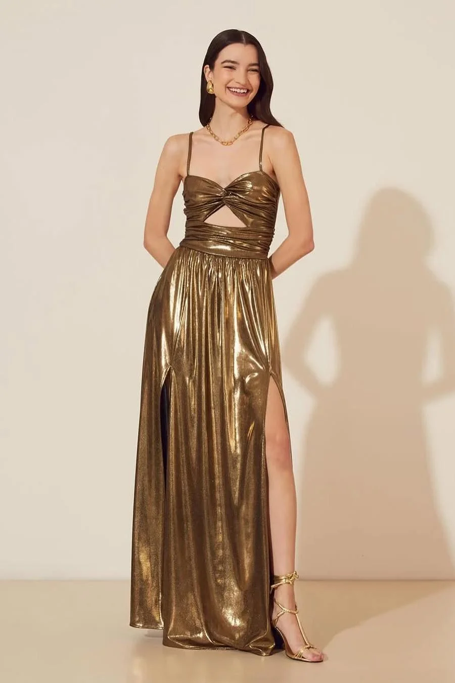 Miabel Beautiful Bright Gold Spaghetti Strap Sleeveless Sweetheart Strapless Long Prom Dress with Split 