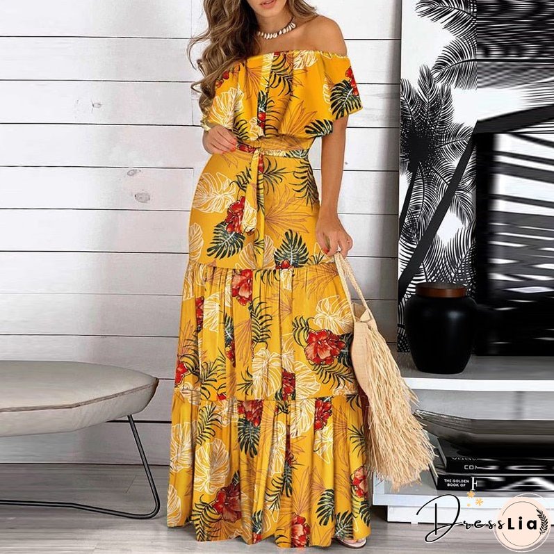 Joskaa Elegant Floral Print Lady Maxi Party Dress Women Sexy Off Shoulder Ruffle Boho Beach Dress Summer Casual Short Sleeve Long Dress
