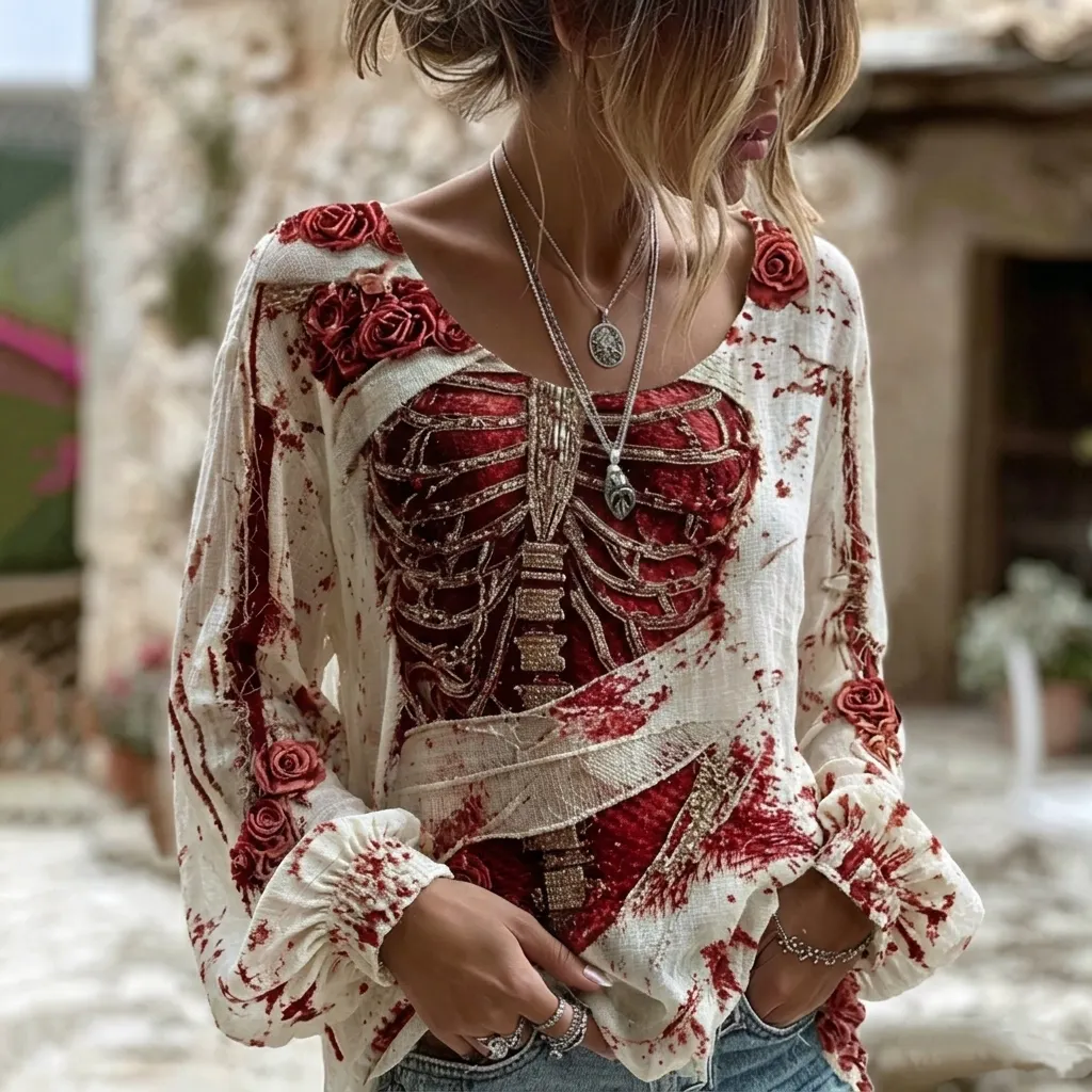 Women's Halloween Bloody Human Skeleton With Floral Art Casual Long Sleeve Tops artswardrobe
