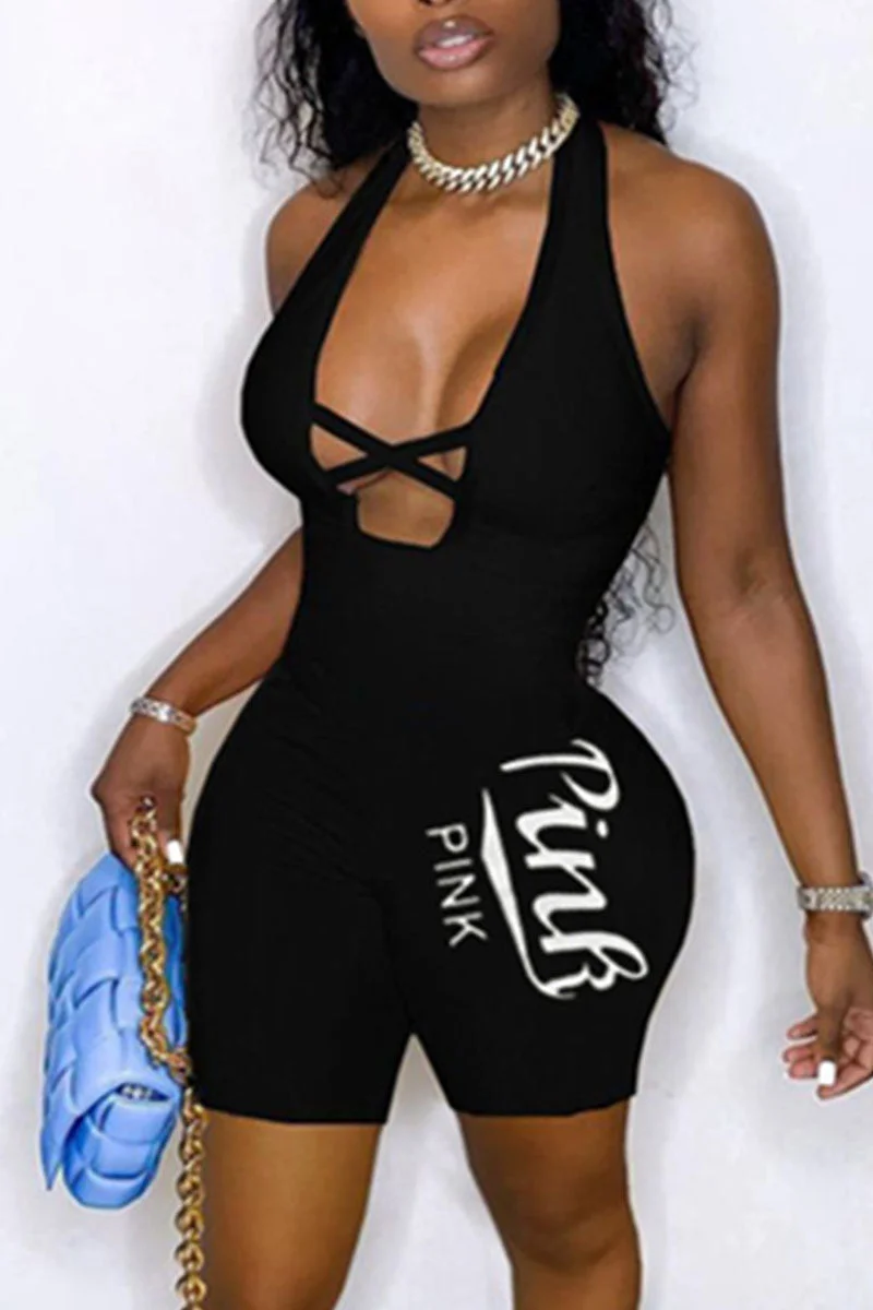 Sexy Print Hollowed Out Split Joint Backless Halter Regular Jumpsuits