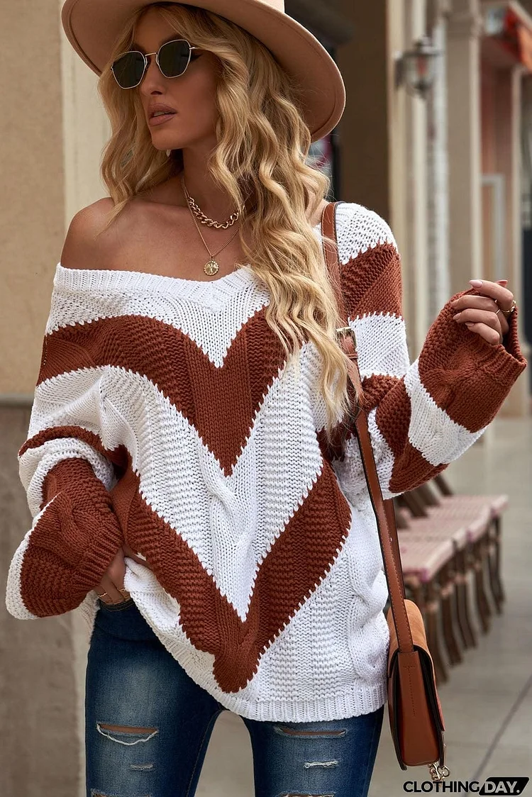 Chevron Cable-Knit V-Neck Tunic Sweater