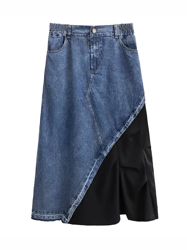Urban Black Elasticity Asymmetric Patchwork Pleated Split-Joint A-Line Denim Skirt