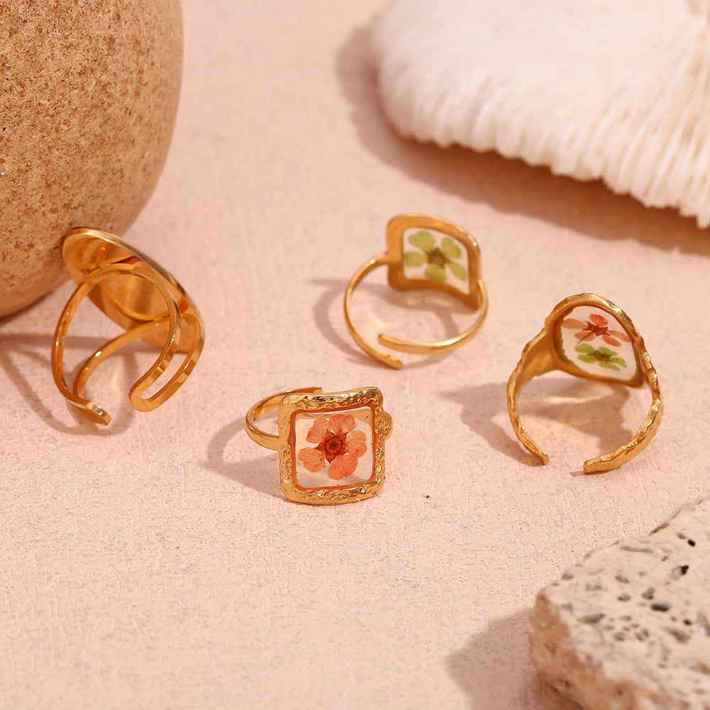 Vintage Fashion Retro Ellipse Quadrilateral Geometric Stainless Steel 18K Gold Plated Rings