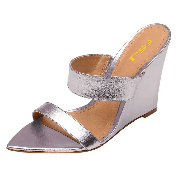 Silver Pointed Toe Wedge Heel Mules Sandals |FSJ Shoes