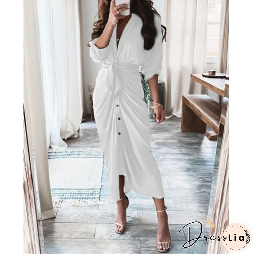 Women's Fashion Summer Long Sleeve V-Neck Button Print Dress Long Skirt