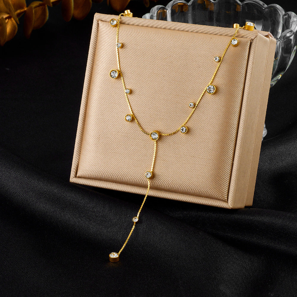 Small Design Versatile Simple Stainless Steel Diamond-Studded Love Disc Accessories Y-Shaped Long Tassel Necklace