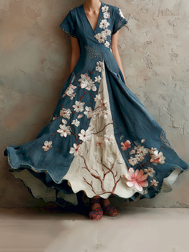 Women's Retro Japanese Sakura Artistic Linen Short Sleeve Dress