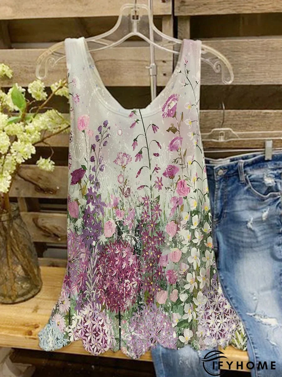 Floral  Sleeveless Printed Cotton-blend Crew Neck  Sweet  Summer  White Top | IFYHOME