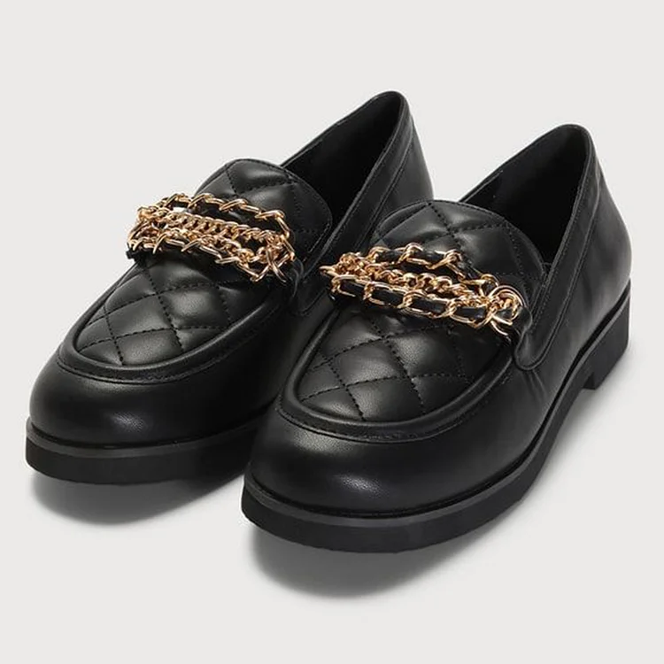 Classic Black Round Toe Low Block Heel Chain Buckle Women's Loafers |FSJ Shoes