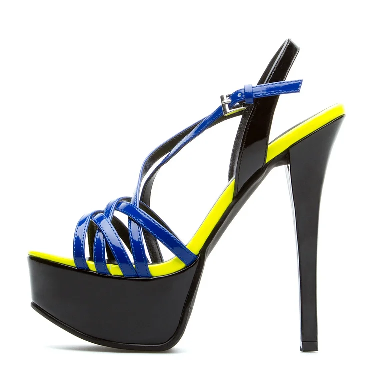 Black and Blue Chunky Heels Platform Sandals Open Toe Sandals |FSJ Shoes