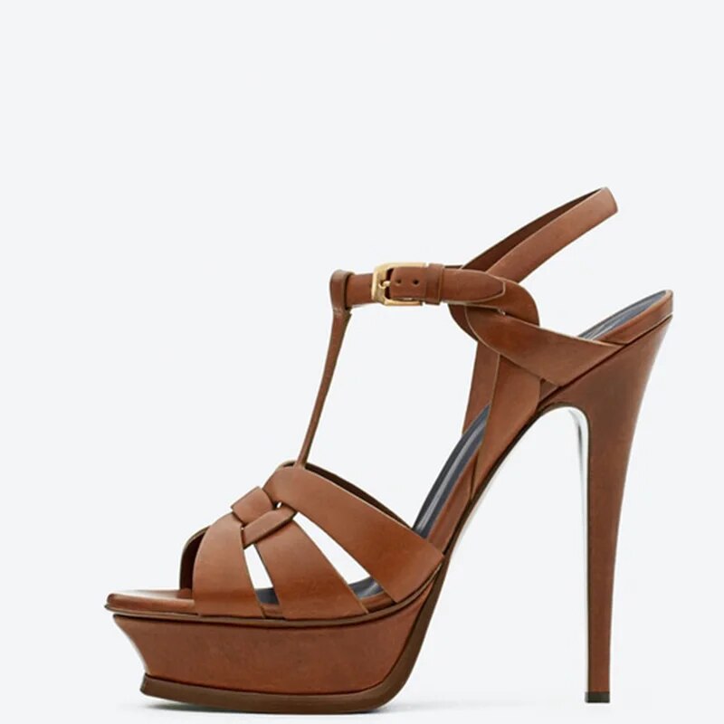 TAAFO Brown Platform Stilettos Sandals High Thin Heels Patent Leather Shoes Women BigLadies Casual T-Strap
