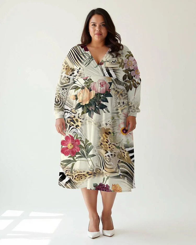 Plus Size Elegant Floral Leopard Print Wrap Midi Dress