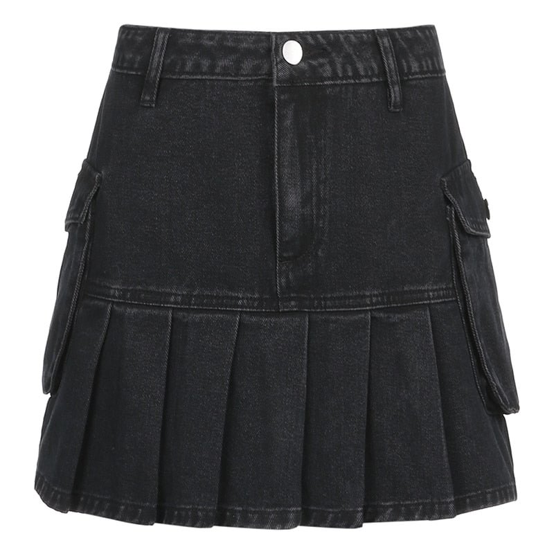 Vintage Pleated Denim Skirts Women Dark Academia Fashion Skirts Goth Black High Waist Skirt 90s Korean Pockets Cuteandpscho